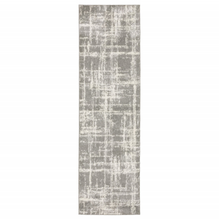 2' x 8' Grey and Ivory Abstract Shag Power Loom Stain Resistant Runner Rug
