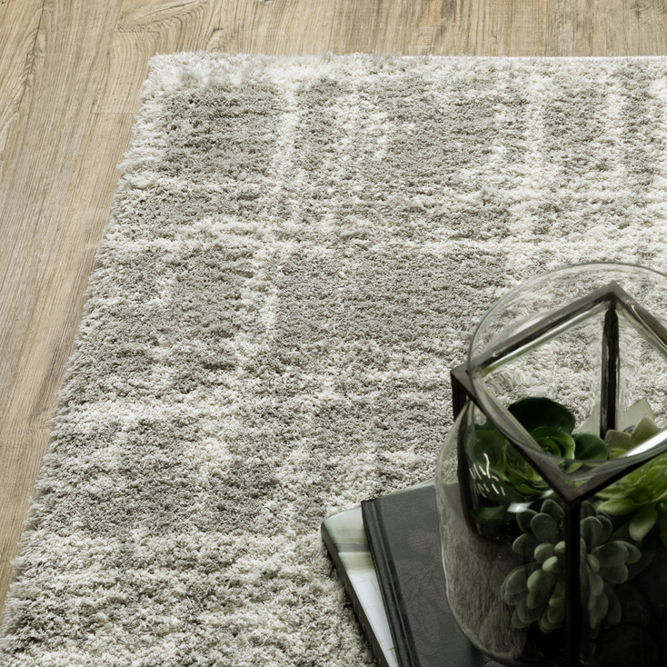 2' x 8' Grey and Ivory Abstract Shag Power Loom Stain Resistant Runner Rug