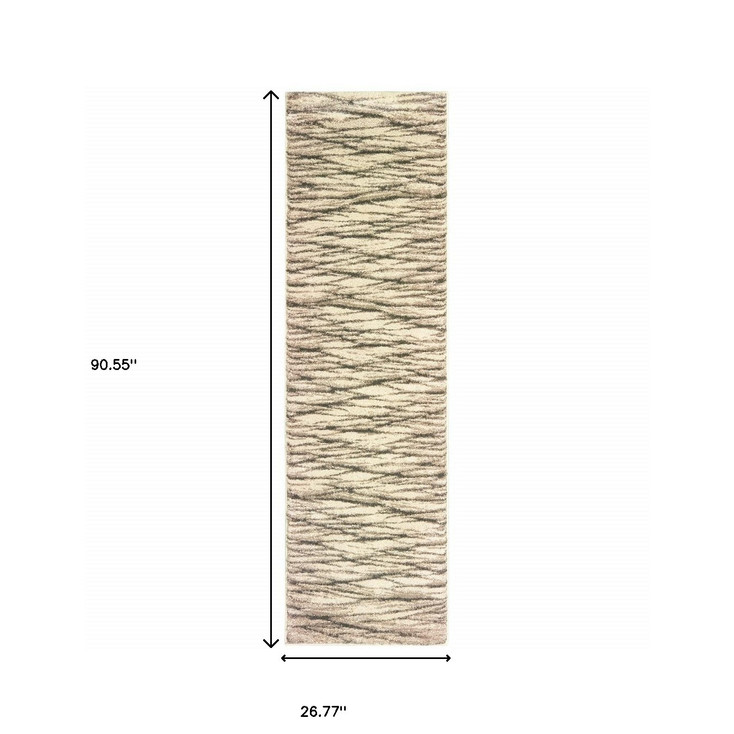 2' x 8' Ivory Sand and Ash Abstract Power Loom Stain Resistant Runner Rug