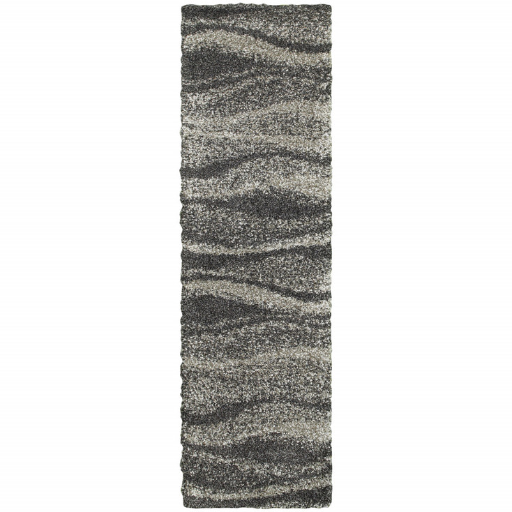 2' x 8' Charcoal Silver and Grey Abstract Shag Power Loom Stain Resistant Runner Rug