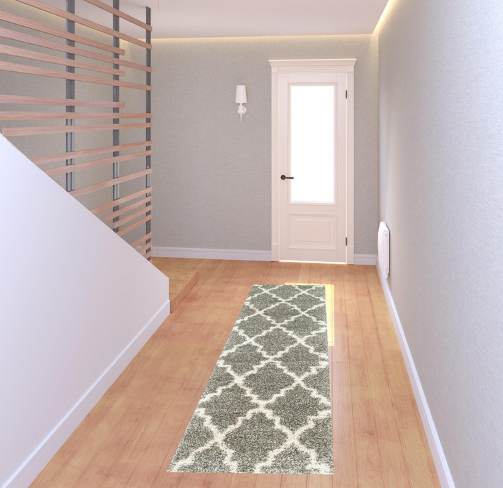 2' x 8' Grey and Ivory Geometric Shag Power Loom Runner Rug