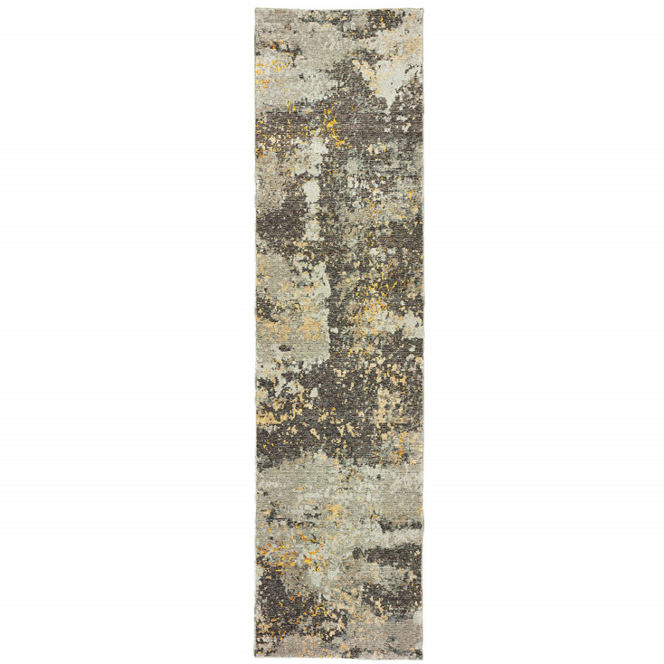 2' x 8' Grey and Gold Abstract Power Loom Stain Resistant Runner Rug