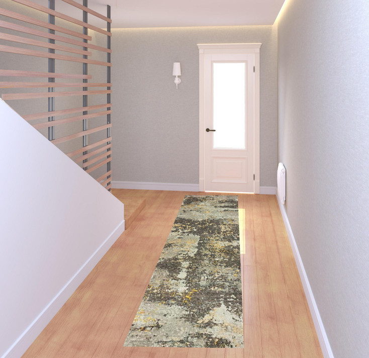 2' x 8' Grey and Gold Abstract Power Loom Stain Resistant Runner Rug