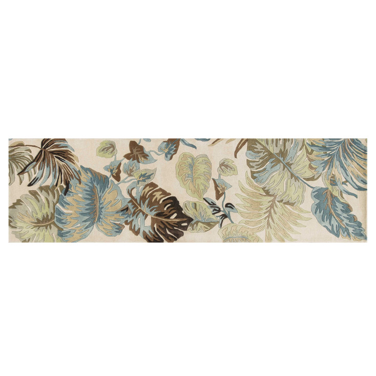 2' x 8' Ivory Blue Hand Tufted Tropical Leaves Indoor Runner Rug