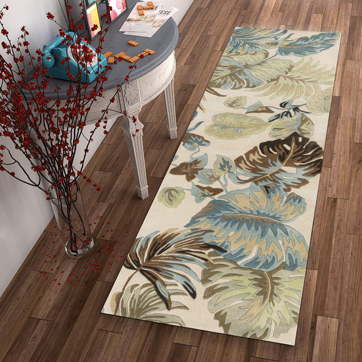 2' x 8' Ivory Blue Hand Tufted Tropical Leaves Indoor Runner Rug