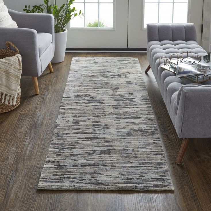 2' x 8' Gray Blue and Silver Wool Abstract Hand Knotted Runner Rug