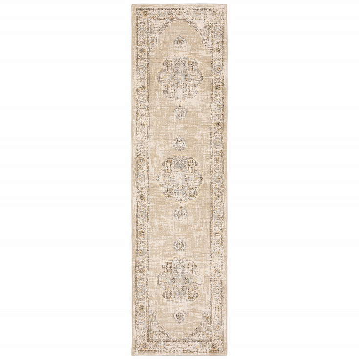 2' x 8' Beige and Ivory Center Jewel Runner Rug