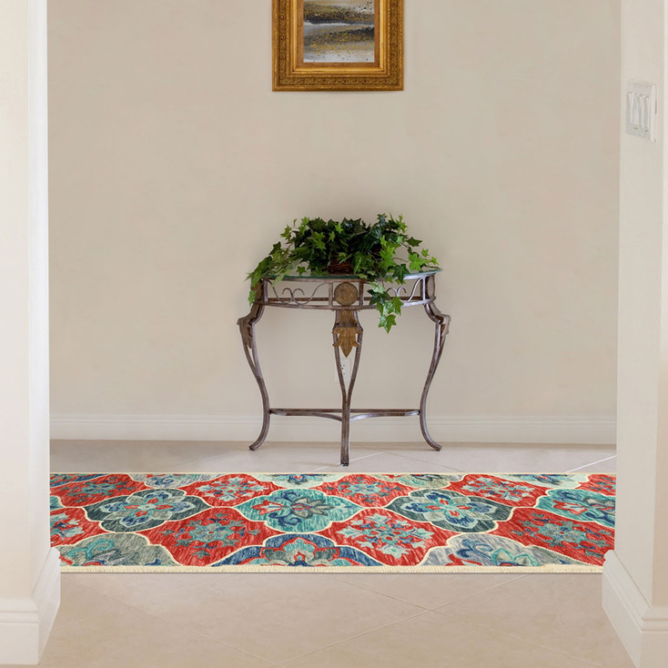 2' x 8' Blue and Rust Wool Geometric Tufted Stain Resistant Runner Rug