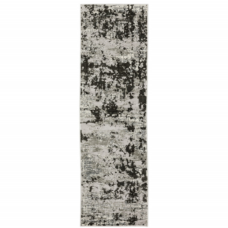 2' x 8' Grey Charcoal Black and Ivory Abstract Power Loom Stain Resistant Runner Rug