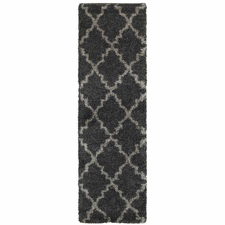 2' x 8' Charcoal and Grey Geometric Shag Power Loom Stain Resistant Runner Rug