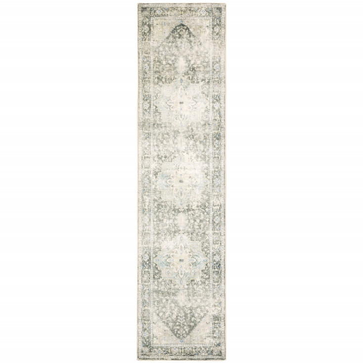 2' x 8' Grey Ivory and Blue Oriental Power Loom Stain Resistant Runner Rug