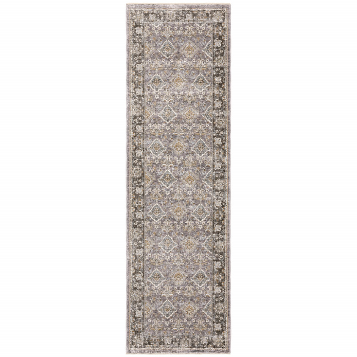 2' x 8' Grey and Blue Oriental Power Loom Stain Resistant Runner Rug with Fringe
