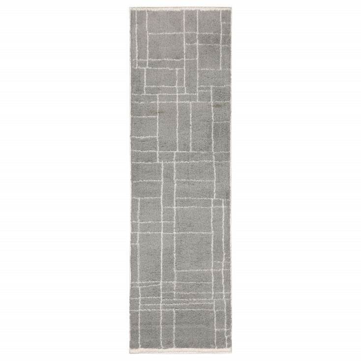 2' x 8' Grey & Ivory Geometric Shag Power Loom Stain Resistant Runner Rug