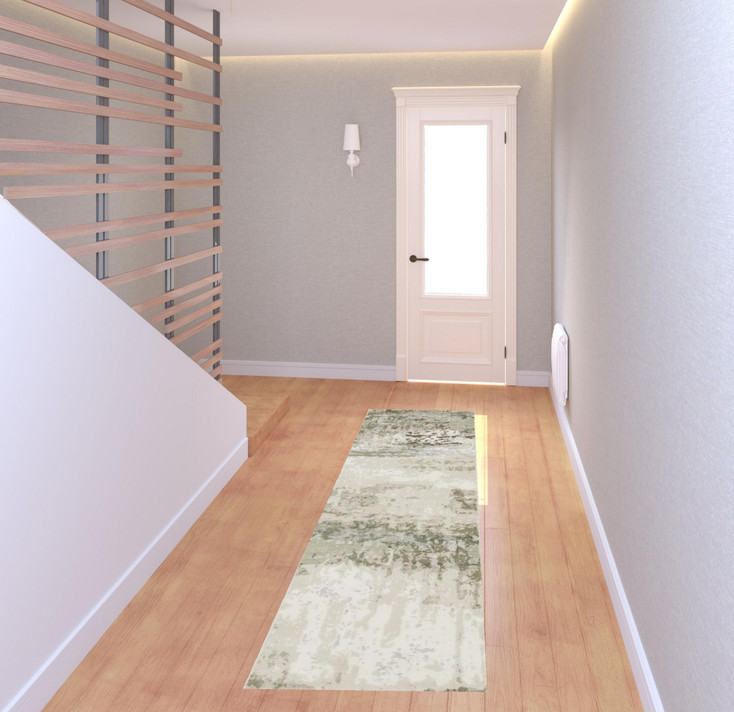 2' x 8' Beige Grey Brown and Sage Green Abstract Power Loom Runner Rug