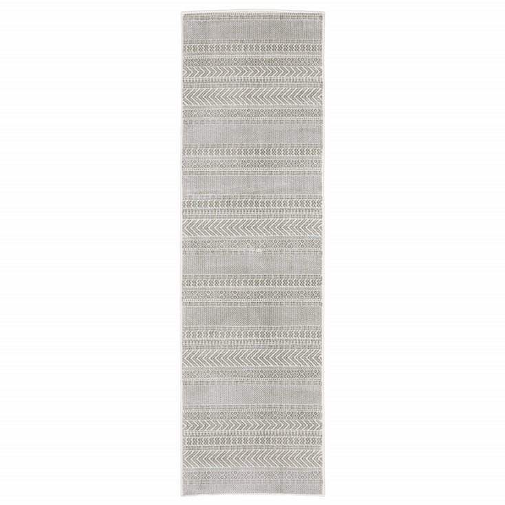 2' x 8' White and Grey Geometric Power Loom Stain Resistant Runner Rug