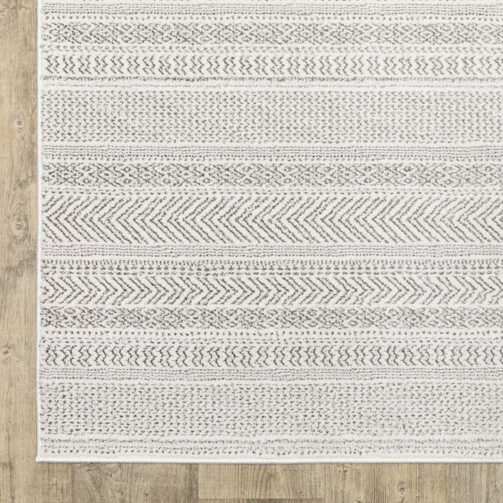 2' x 8' White and Grey Geometric Power Loom Stain Resistant Runner Rug
