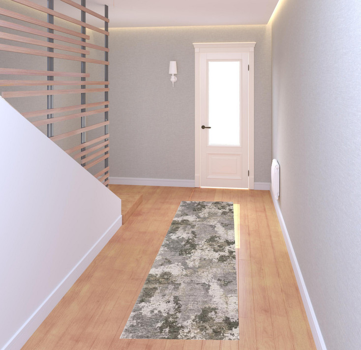 2' x 8' Grey Ivory Beige Tan Brown and Black Abstract Power Loom Runner Rug