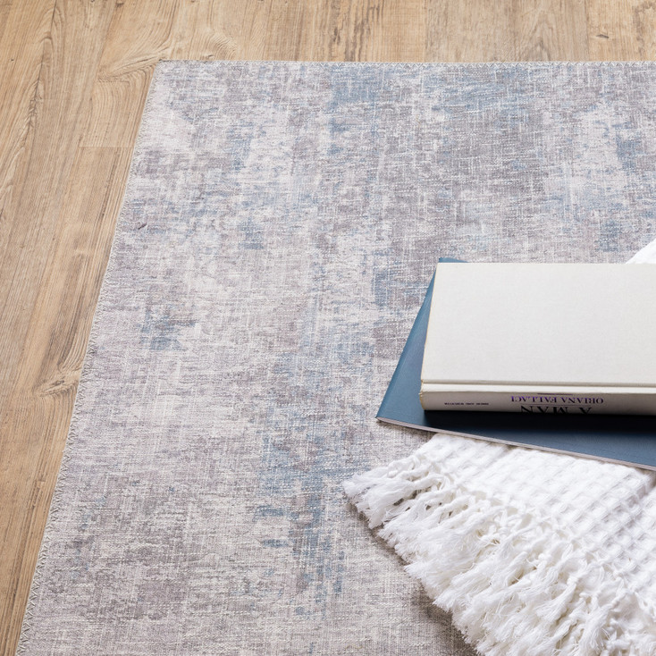 2' x 8' Grey & Blue Abstract Power Loom Stain Resistant Runner Rug