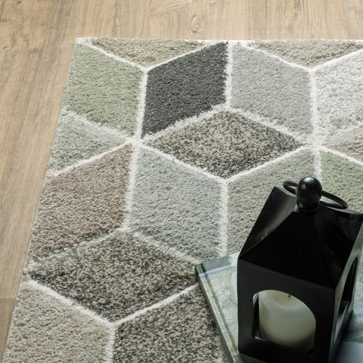 2' x 8' Beige Brown Grey Tan Sage and Pale Blue Geometric Power Loom Runner Rug