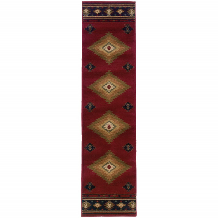 2' x 8' Red and Beige Ikat Pattern Runner Rug