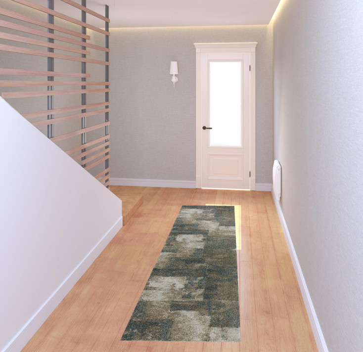 2' x 8' Teal Blue Grey Tan and Beige Geometric Power Loom Stain Resistant Runner Rug