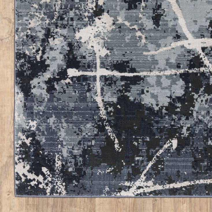 2' x 8' Blue Grey & Beige Abstract Power Loom Stain Resistant Runner Rug