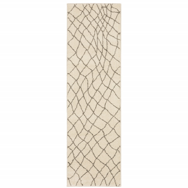 2' x 8' Ivory & Grey Geometric Power Loom Stain Resistant Runner Rug