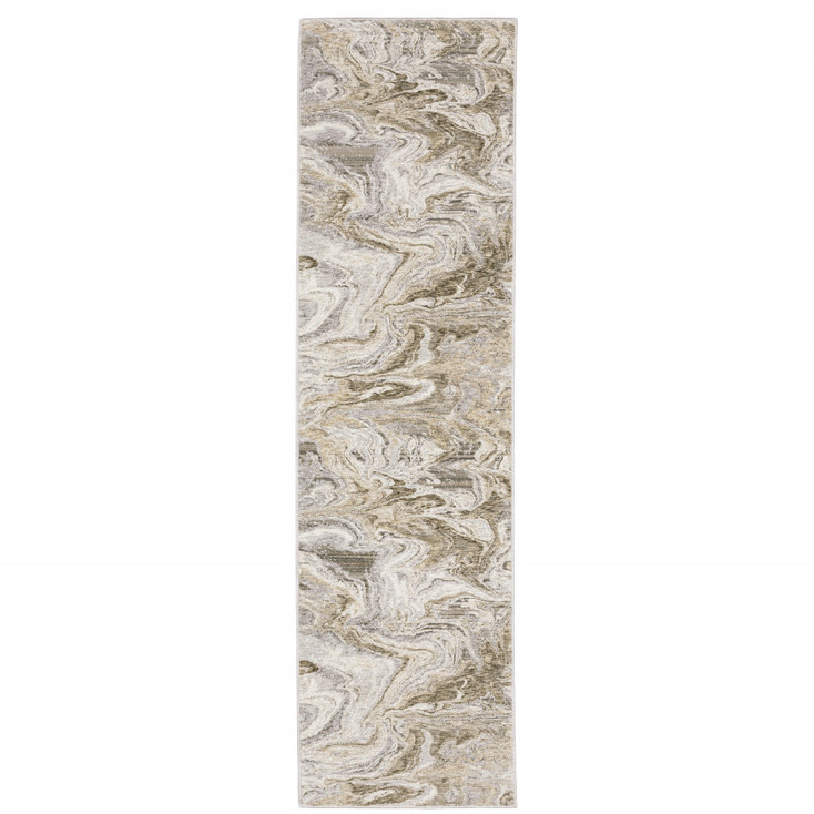 2' x 8' Ivory Tan Beige Grey and Brown Abstract Power Loom Runner Rug