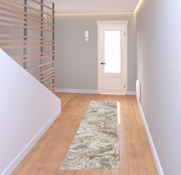 2' x 8' Ivory Tan Beige Grey and Brown Abstract Power Loom Runner Rug