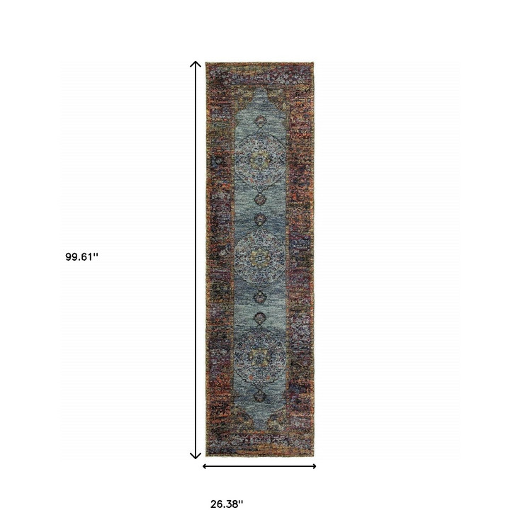 2' x 8' Blue Gold Green Red Orange and Purple Oriental Power Loom Runner Rug