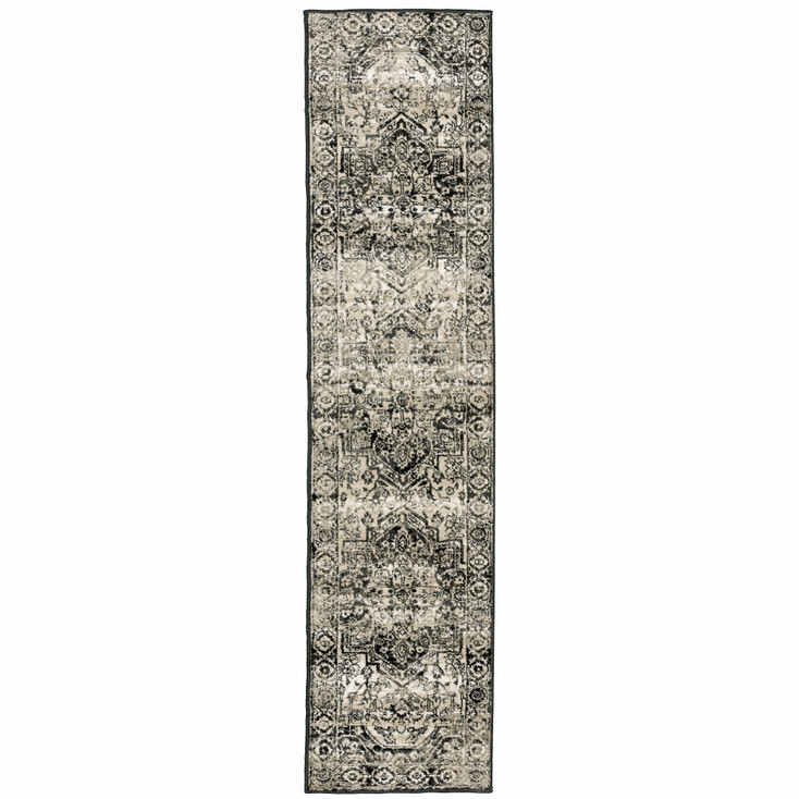 2' x 8' Black Grey Tan and Ivory Oriental Power Loom Stain Resistant Runner Rug