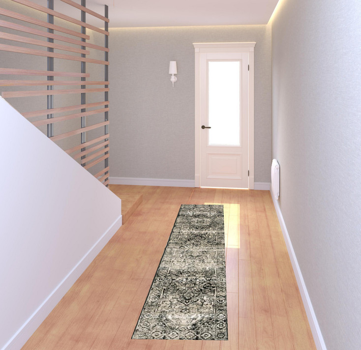 2' x 8' Black Grey Tan and Ivory Oriental Power Loom Stain Resistant Runner Rug