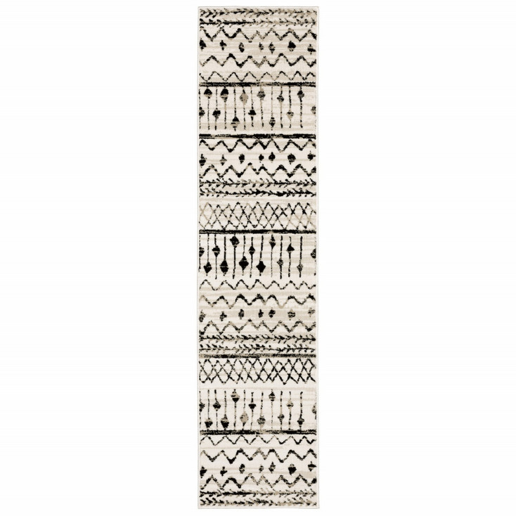 2' x 8' Ivory and Black Eclectic Patterns Indoor Runner Rug