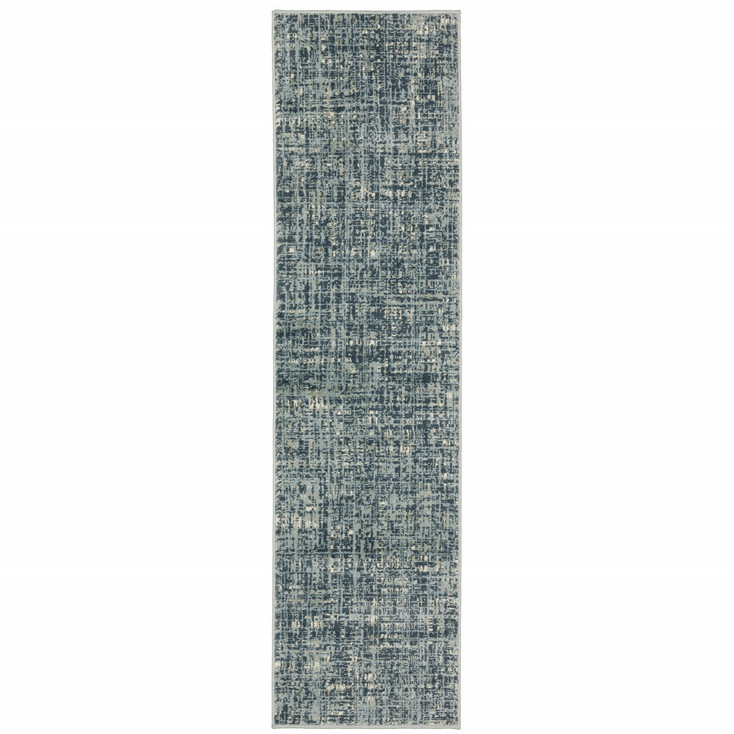 2' x 8' Dark Blue Light Blue Grey Ivory and Beige Abstract Power Loom Runner Rug