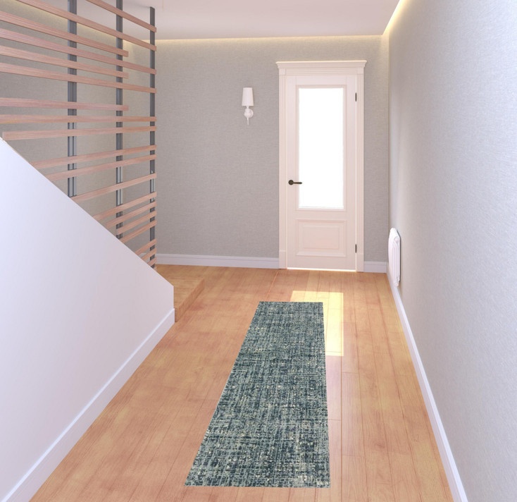 2' x 8' Dark Blue Light Blue Grey Ivory and Beige Abstract Power Loom Runner Rug