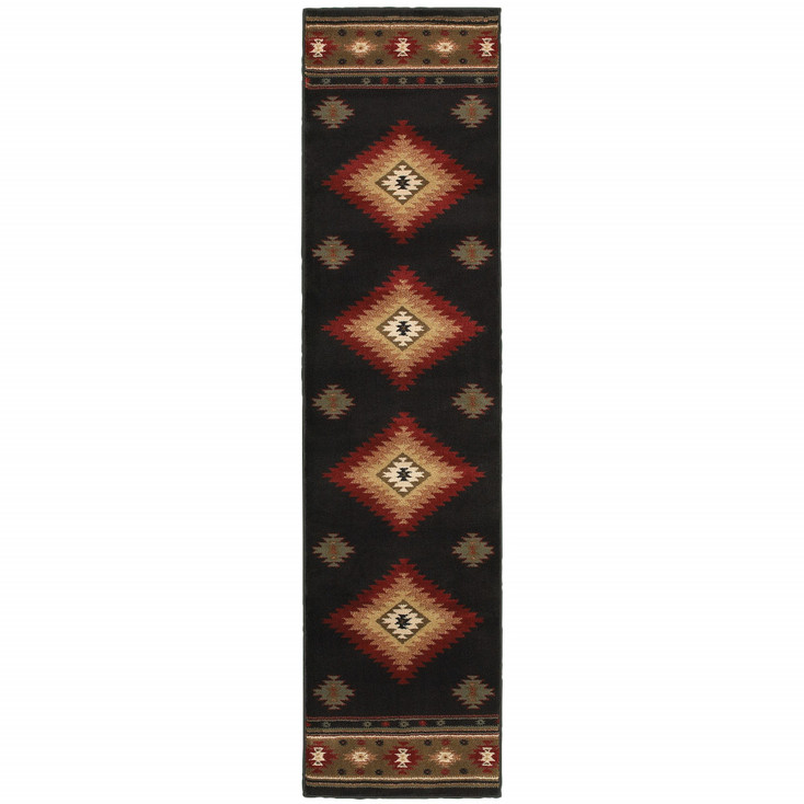 2' x 8' Black Southwestern Power Loom Stain Resistant Runner Rug