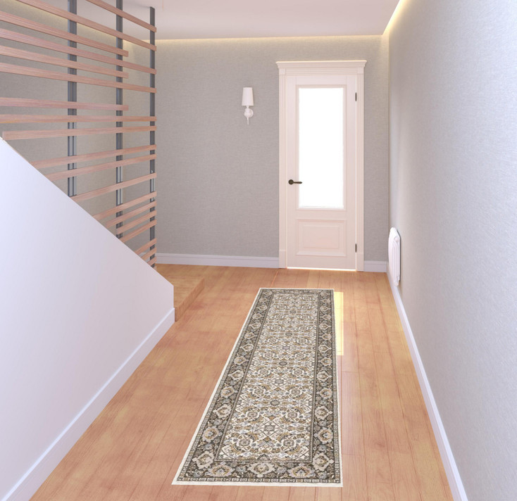 2' x 8' Ivory and Grey Oriental Power Loom Stain Resistant Runner Rug with Fringe