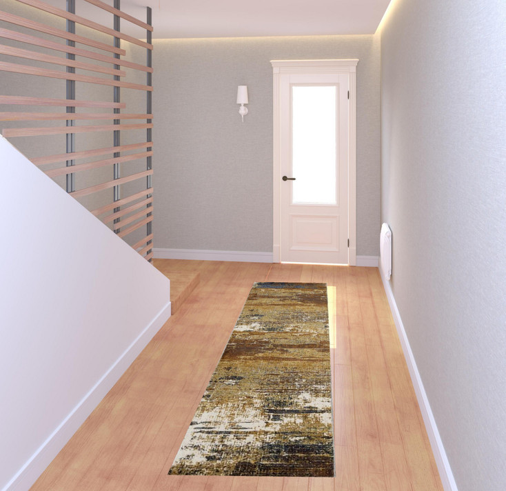 2' x 8' Gold Brown Rust Grey Blue and Beige Abstract Power Loom Runner Rug