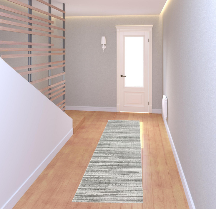 2' x 8' White and Grey Abstract Power Loom Stain Resistant Runner Rug