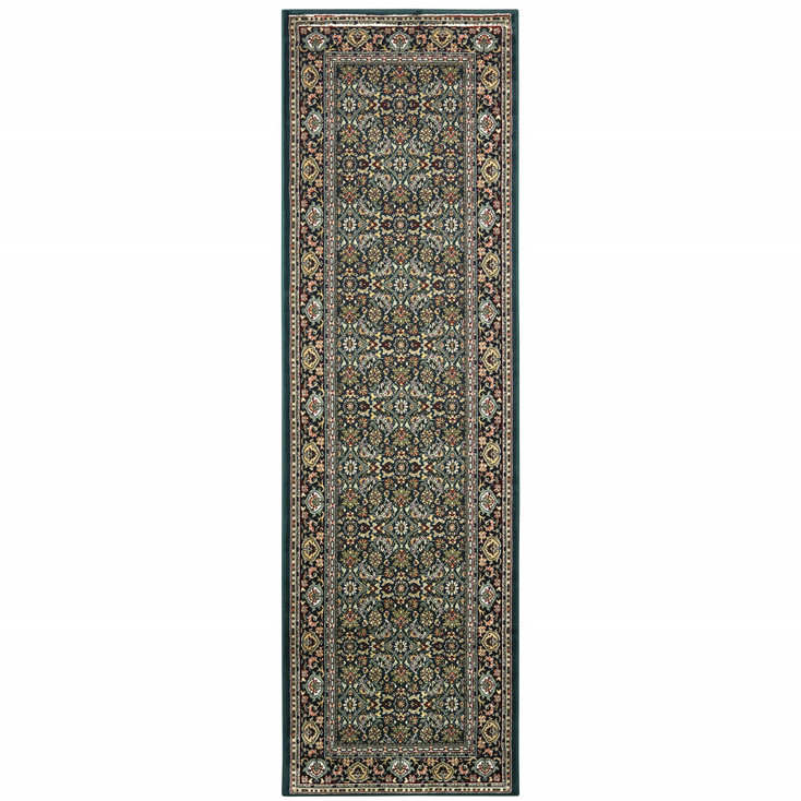 2' x 8' Navy Blue Green Red Ivory and Yellow Oriental Power Loom Runner Rug