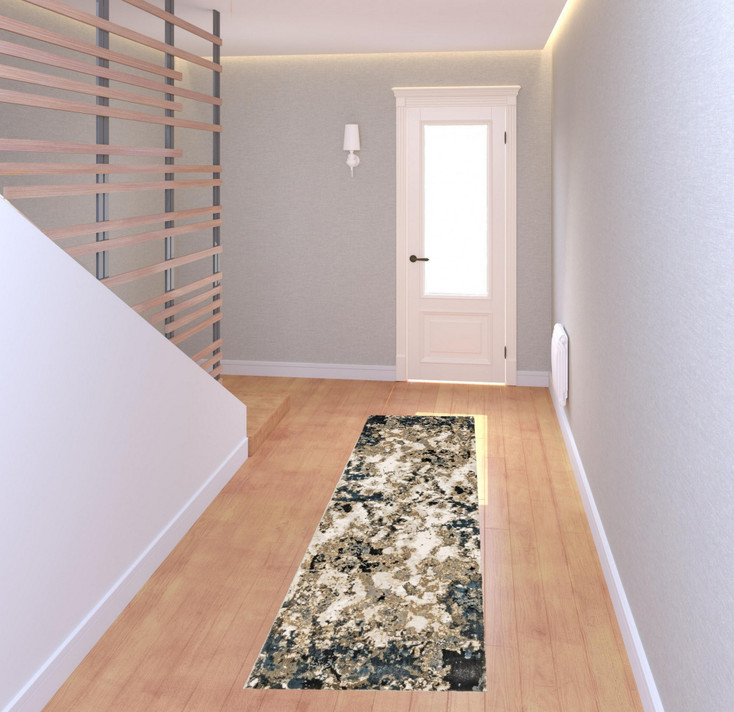 2' x 8' Ivory Navy Abstract Marble Indoor Runner Rug