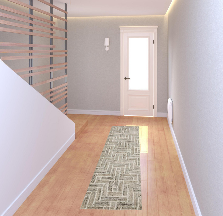 2' x 8' Beige and Ivory Geometric Power Loom Runner Rug