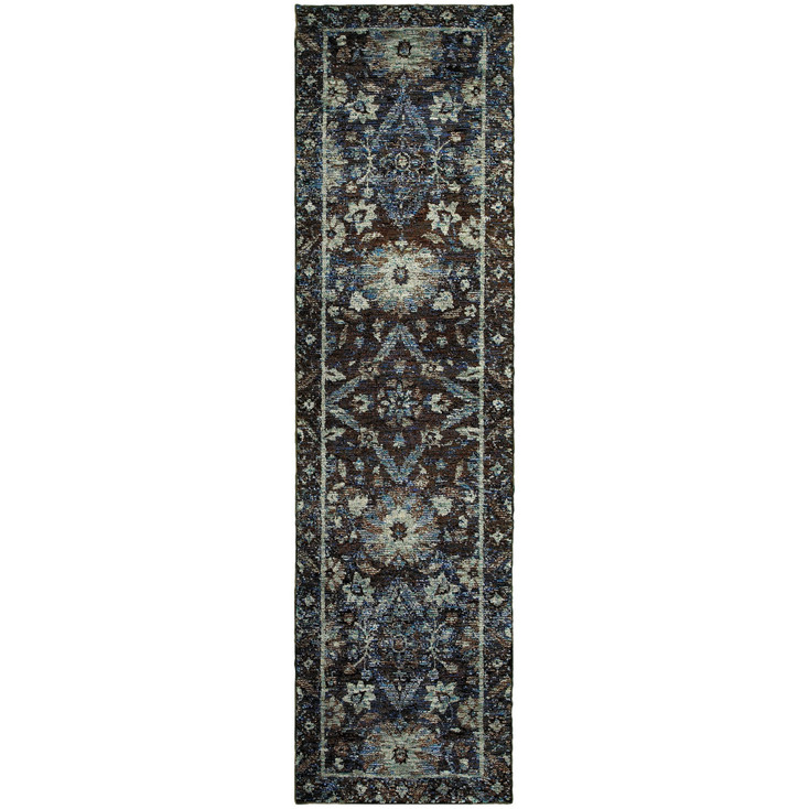 2' x 8' Navy and Blue Oriental Power Loom Stain Resistant Runner Rug