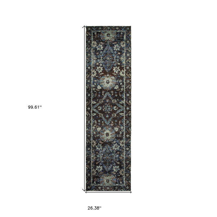 2' x 8' Navy and Blue Oriental Power Loom Stain Resistant Runner Rug