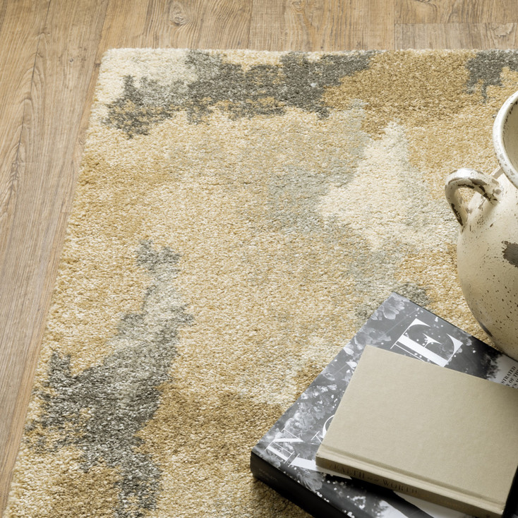 2' x 8' Beige Grey and Gold Abstract Power Loom Stain Resistant Runner Rug