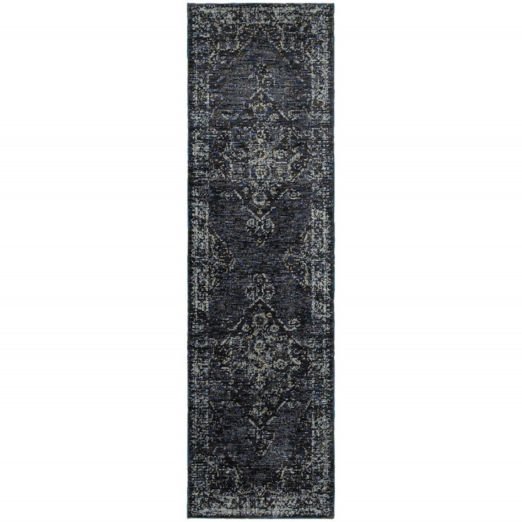 2' x 8' Blue and Brown Oriental Power Loom Stain Resistant Runner Rug