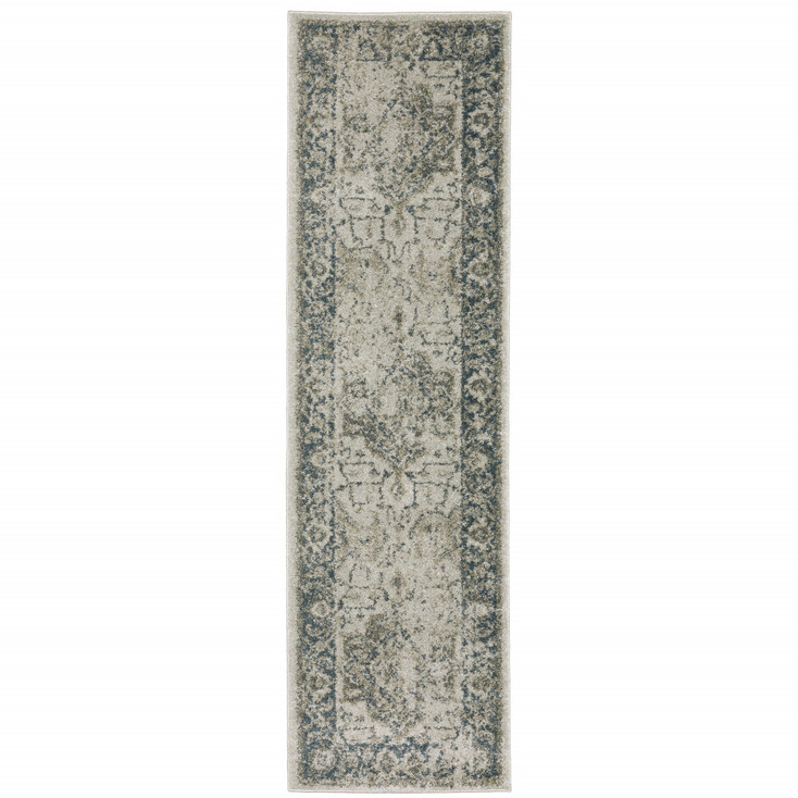 2' x 8' Grey Blue and Teal Oriental Power Loom Stain Resistant Runner Rug