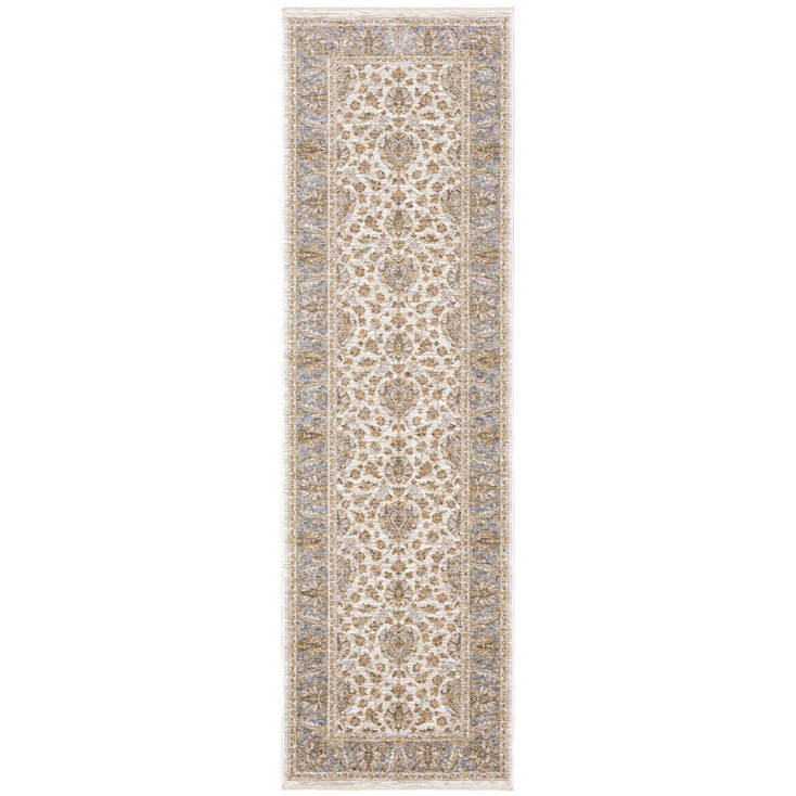 2' x 8' Ivory and Blue Oriental Power Loom Stain Resistant Runner Rug with Fringe