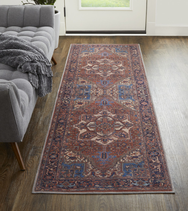 2' x 8' Red Tan & Blue Floral Power Loom Polyester Runner Rug