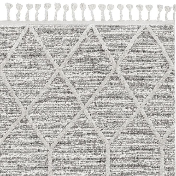 2' x 8' Ivory Grey Machine Woven Abstract with Fringe Indoor Runner Rug